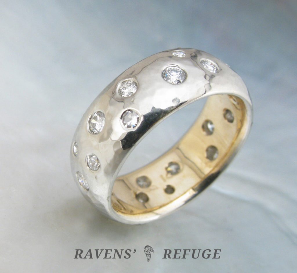 scattered diamond ring two tone hammered wedding band Ravens' Refuge