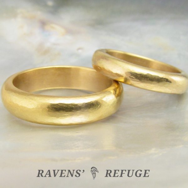 thick gold wedding bands with rustic hammered finish Ravens' Refuge