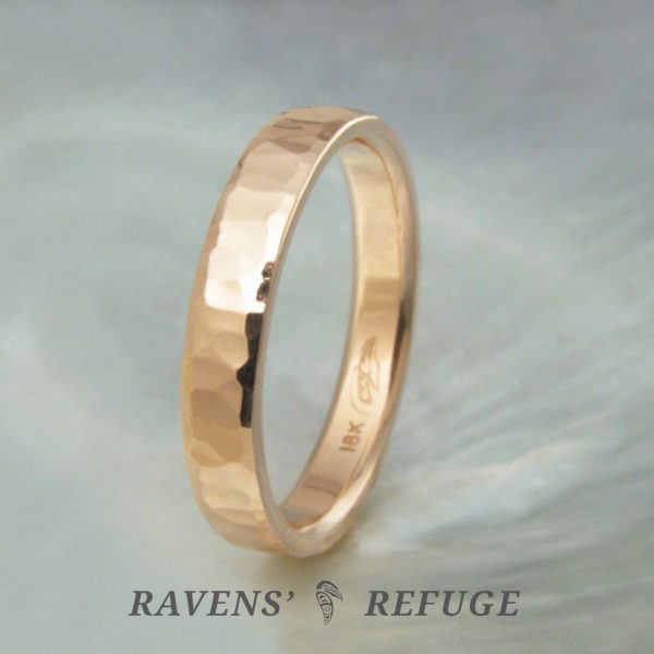 Hand Beaten 3mm 18k Rose Gold Ring Unique Hammered Wedding Band Ravens Refuge