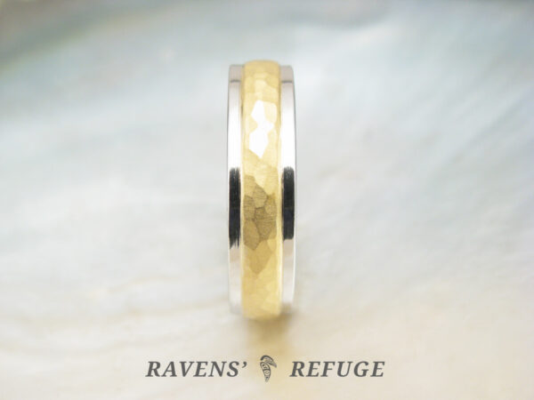 5.5mm 22k gold ring with stepped platinum edges, hammered with matte finish