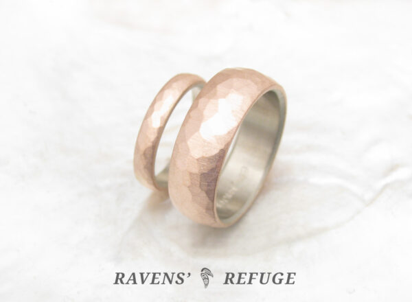 rustic wedding band set – hammered half round rings - 7mm and 3mm - Image 2
