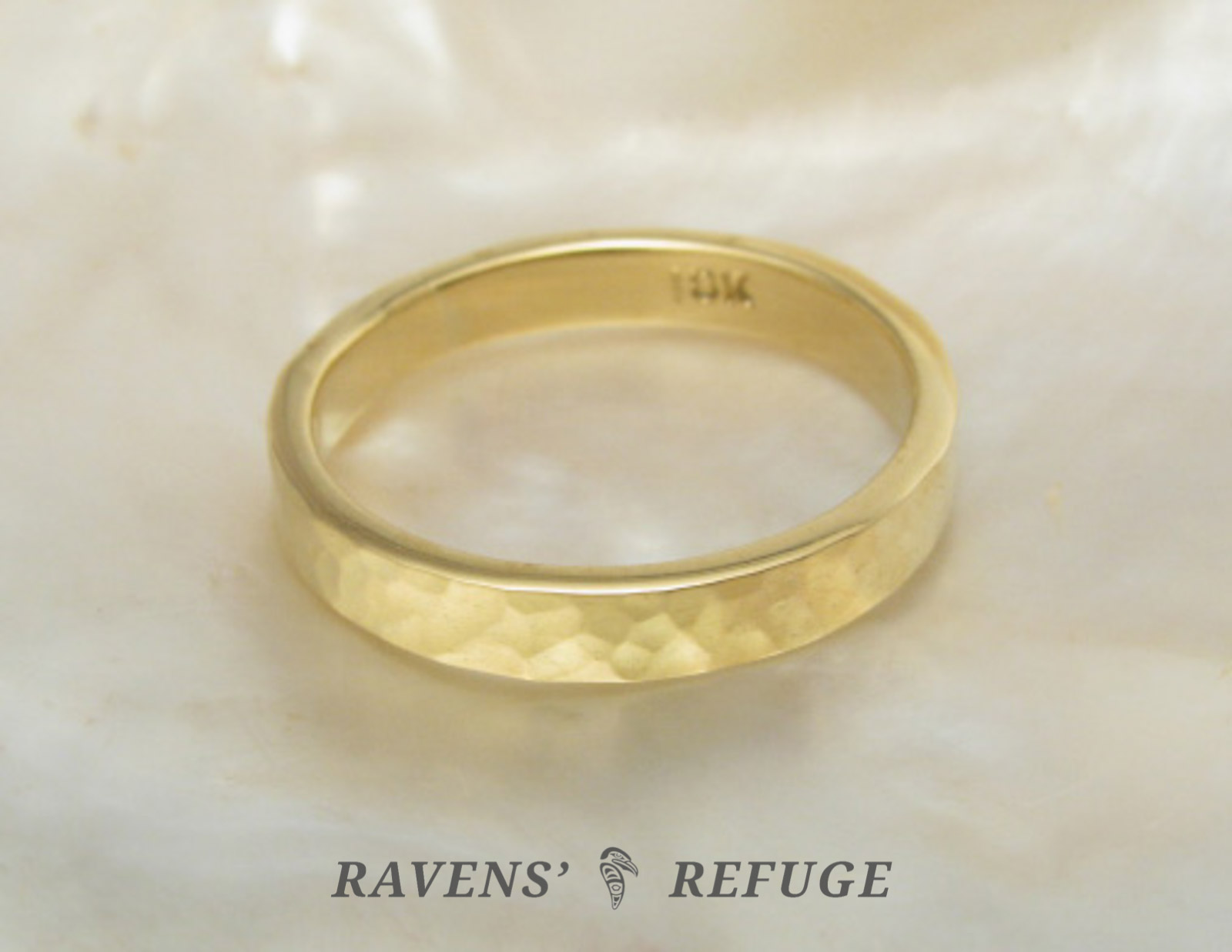 hammered 18k gold ring 3mm wedding band Ravens' Refuge