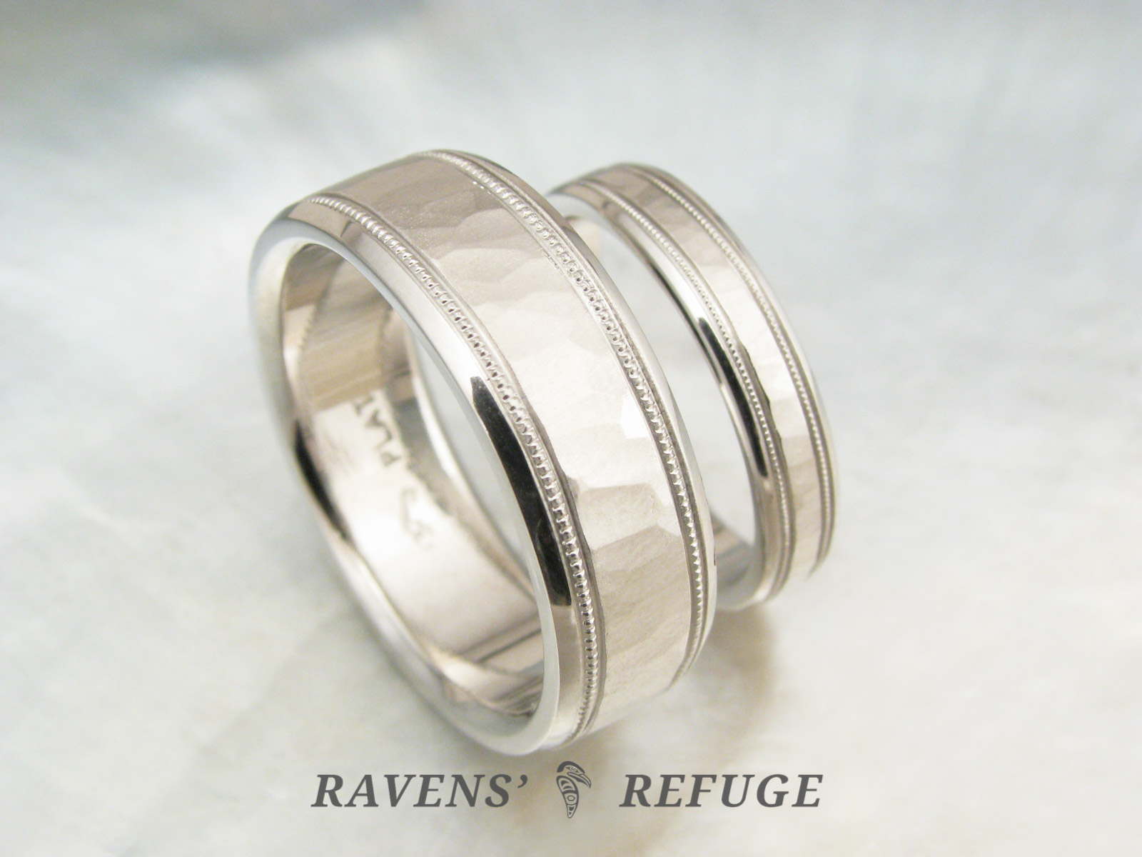 unique platinum wedding bands, hammered with milgrain - Ravens’ Refuge