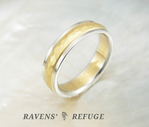 custom men's two tone ring with hammered 22k gold center and stepped platinum edges. Hand forged in Portland, Oregon