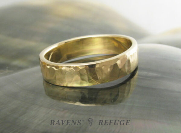 5mm hand forged flat gold band with unique waterfall hammering