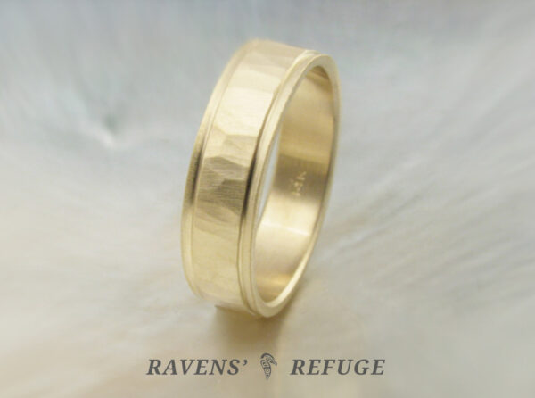 hammered yellow gold men's wedding band handmade in Portland, Oregon