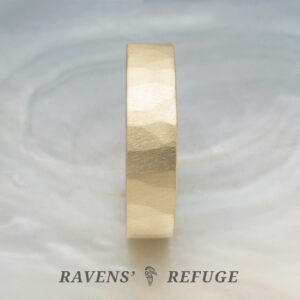 5mm pipe band hammered for rustic, earthy effect in yellow gold. Handmade in Portland, Oregon.