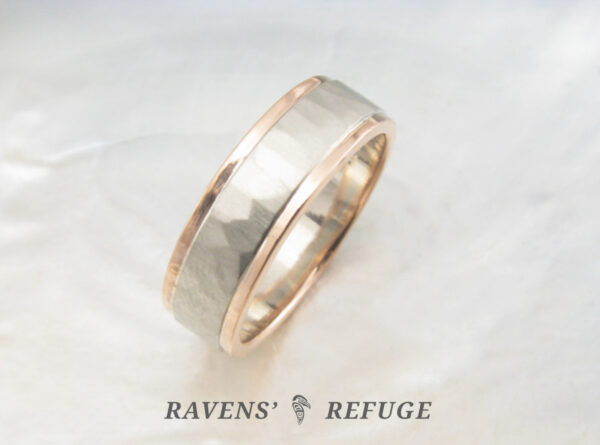 hammered white gold ring with rose gold edges