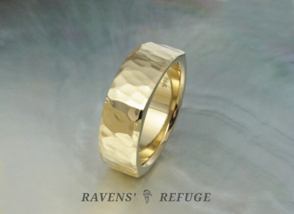 8mm mens band handmade in yellow gold with hammered finish