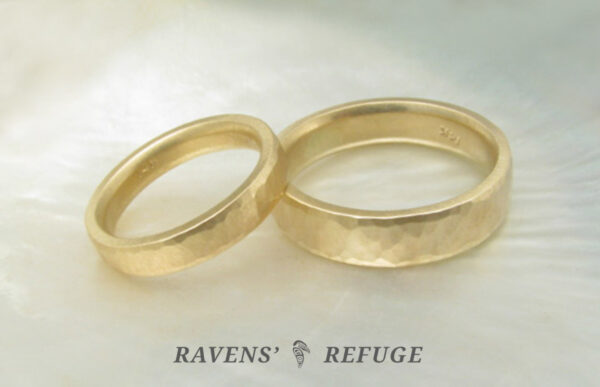 5mm and 3mm wedding rings with flat hammered exterior and beveled interior edges. Hand forged in 14k gold.