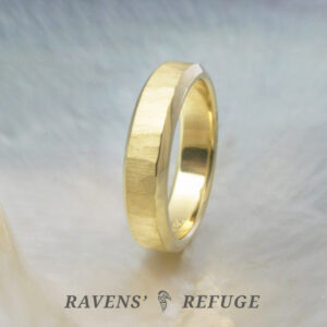 5mm wide 18k yellow gold wedding band with hammered matte center and steep beveled edges