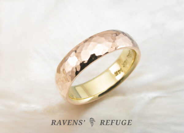 6mm domed rose gold wedding band with hammered finish and 18k yellow gold liner