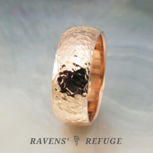 hammered ring -- 8mm wide wedding band in rose gold with a low dome profile