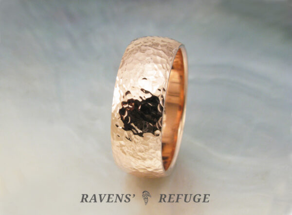 hammered ring -- 8mm wide wedding band in rose gold with a low dome profile