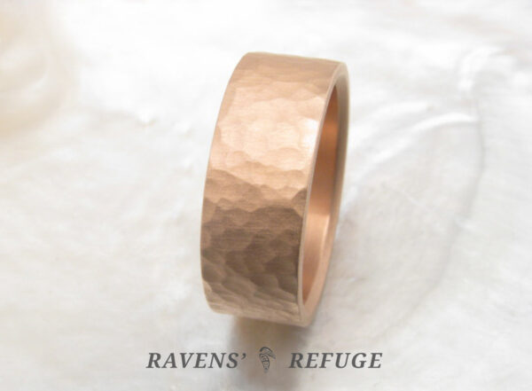 hammered rose gold wedding ring with rustic finish