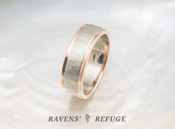 hammered white gold ring with rose gold stepped edges