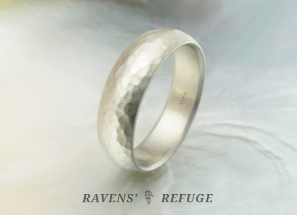 6mm white gold wedding ring, hammered with matte finish