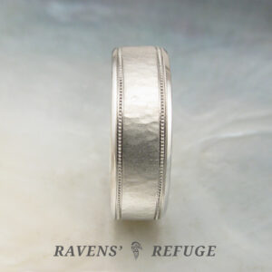 hand forged men's 7mm platinum double milgrain wedding band with hammered finish