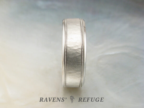 hand forged men's 7mm platinum double milgrain wedding band with hammered finish