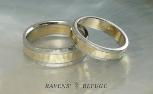 flat two tone wedding rings, hand hammered