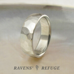 6mm white gold low dome wedding band with subtle hammered finish