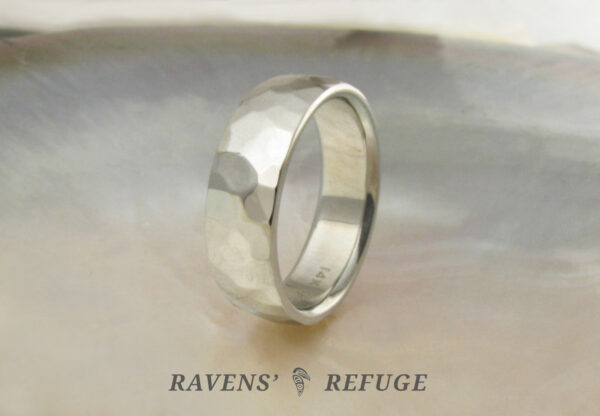 6mm white gold low dome wedding band with subtle hammered finish