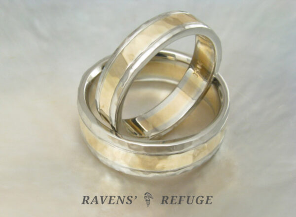 6mm and 4mm wedding rings with yellow gold center and white gold edges, hand hammered.