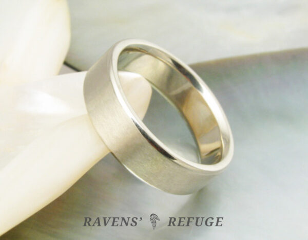 6mm white gold wedding band with matte center and polished beveled edges