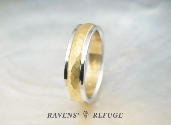 hand forged 22k gold and platinum two tone men's ring with hammered center