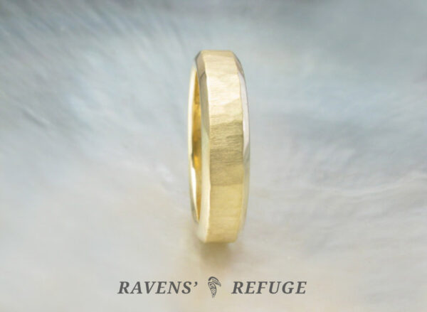 5mm men's wedding band in 18k yellow gold with hammered center and steep beveled edges