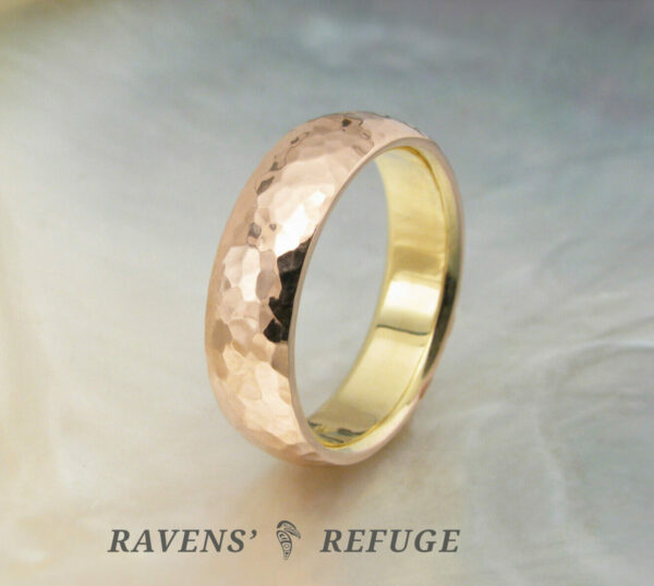 hammered rose gold wedding band with 18k yellow gold liner