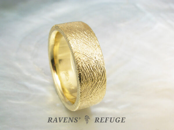 unusual mens wedding ring, thick gold band with textured finish