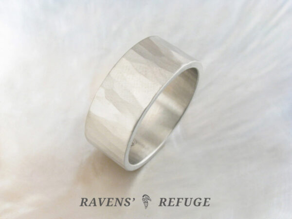 10mm wide hammered white gold ring