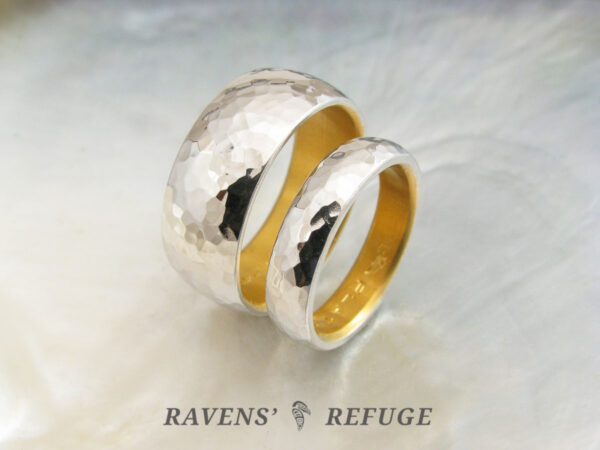 platinum and 24k gold wedding rings with hammered finish