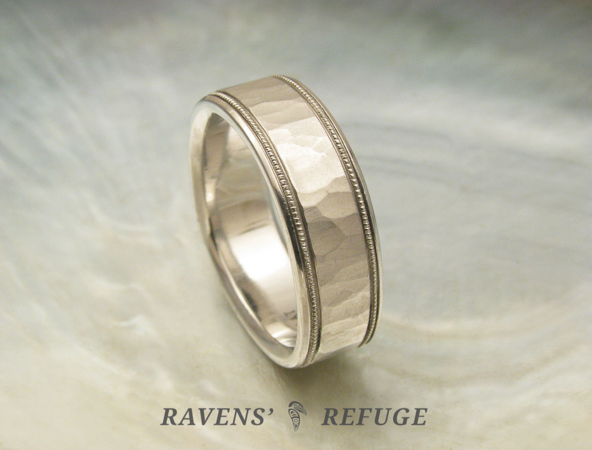 7mm platinum men's wedding band, hammered with milgrain