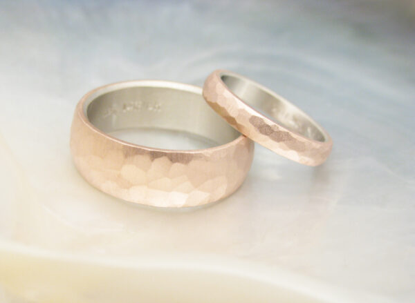 rustic wedding band set – hammered half round rings - 7mm and 3mm